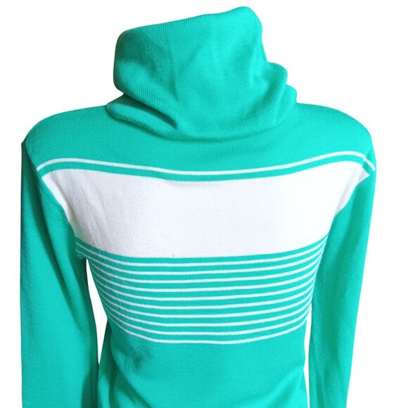 Large Vintage 70's Green White Striped Turtleneck Sweater Acrylic Wool Blend Mom - Picture 5 of 7
